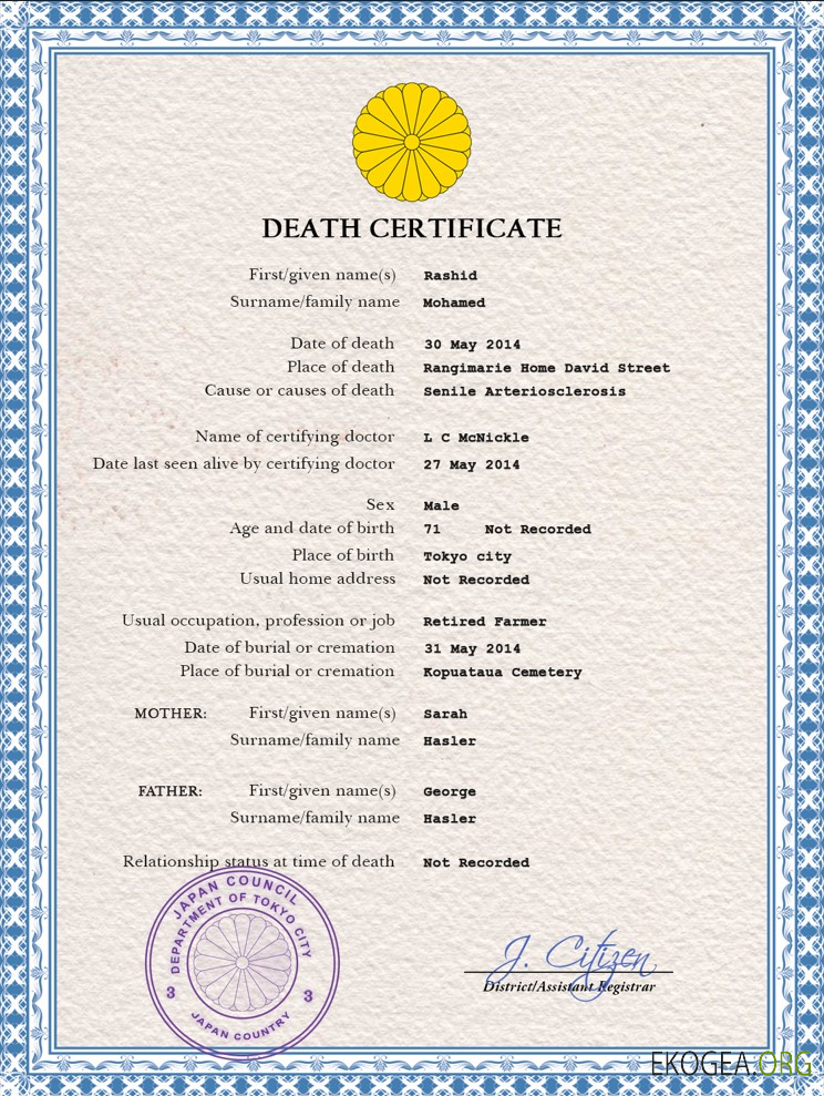 Modèle PSD de certificat de décès de l'état civil du Japon